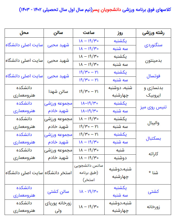 جدول کلاس‌های فوق برنامه ورزشی دانشجویان دانشگاه بوعلی‌سینا منتشر شد